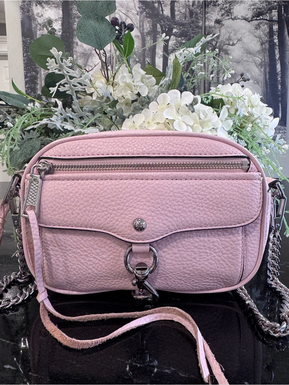 🌸Rebecca Minkoff Mini MAC Blush Pink Pebbled Leather Crossbody Bag Silver